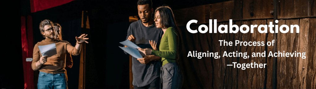 A theatre director collaborates with actors on stage during rehearsal, aligning vision, encouraging shared action, and building toward a successful production.