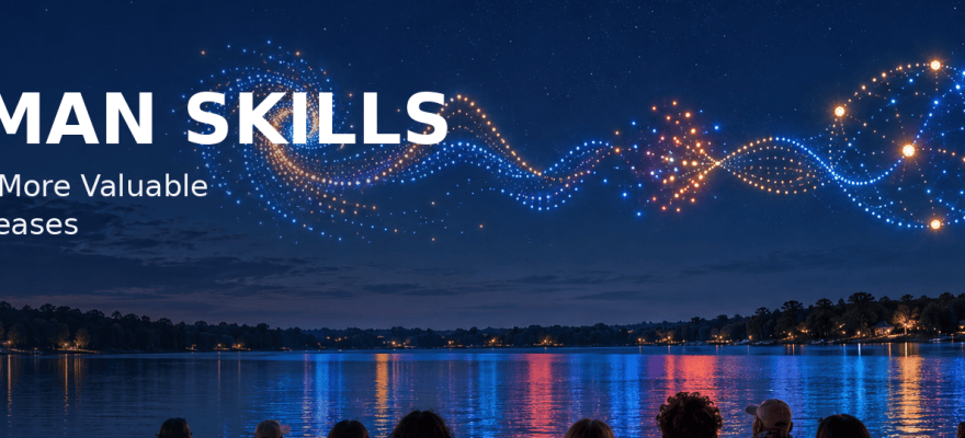 People watching a drone light show over a lake with the words 5 Human Skills That Become More Valuable as AI Use Increases