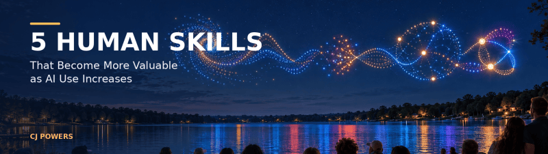 People watching a drone light show over a lake with the words 5 Human Skills That Become More Valuable as AI Use Increases