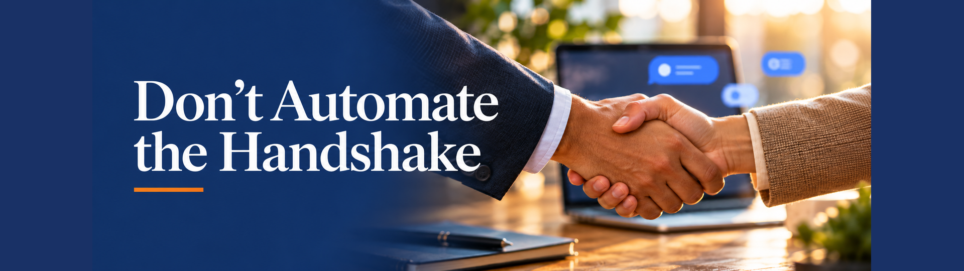 A human handshake beside a laptop with publication notifications, titled Don’t Automate the Handshake.