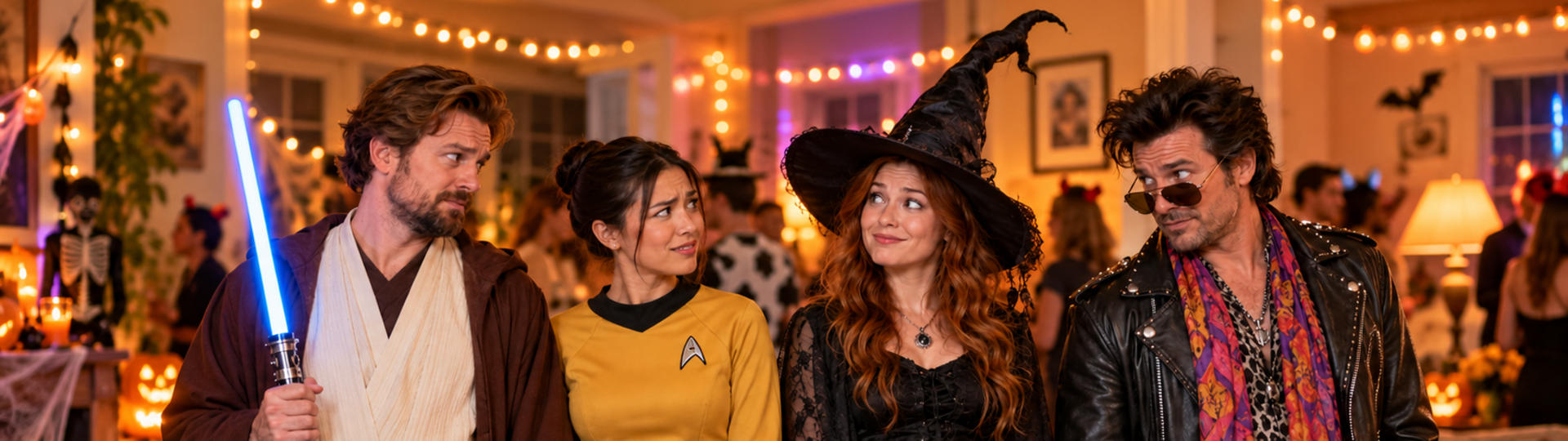 Four party guests in Jedi, Star Trek officer, witch, and rock singer costumes exchange puzzled looks.