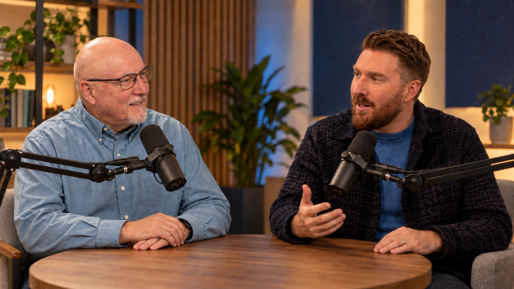 CJ Powers interviewing Jim Brenner in a podcast studio