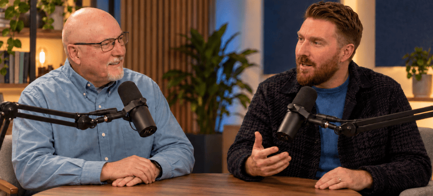 CJ Powers interviewing Jim Brenner in a podcast studio