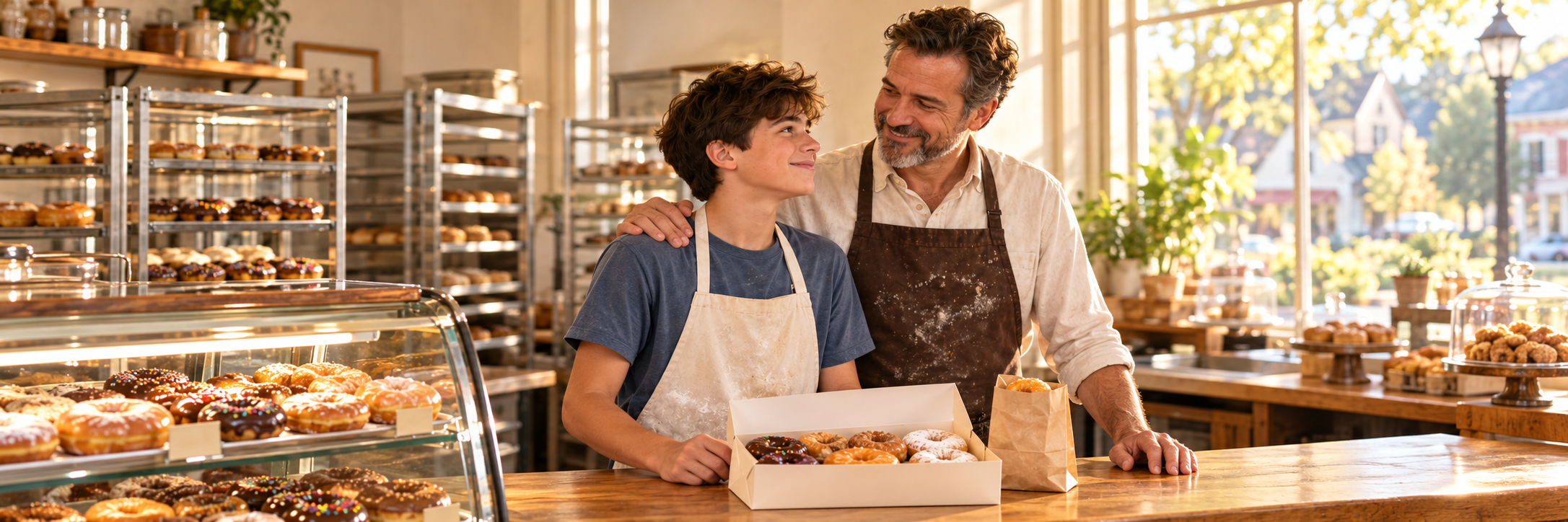 Ethan and Dad behind the counter at Miller’s Bakery with a box of doughnuts and a small bag.